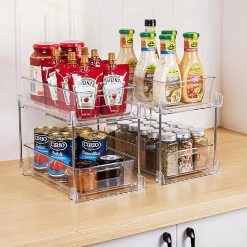 2段 クリア収納ラック 引き出し式 ホームオーガナイザー キッチン棚 シンク下スパ...