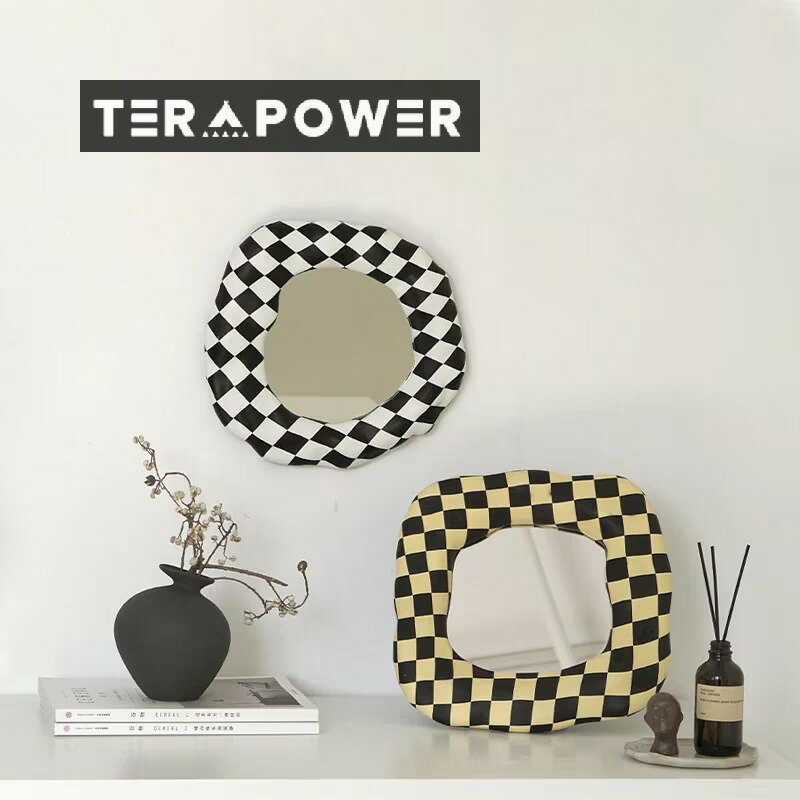 と白のチェッカーボード バニティミラー 不規則なミラートレイ 韓国インテリア雑貨