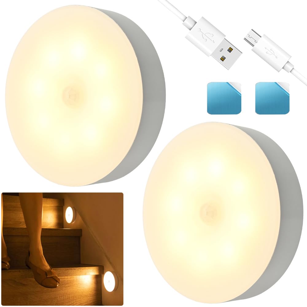 人感センサーライト 小型LEDランプ 自動点灯 足元灯 USB充電式 2個セット 室内ライト 照明 配線不要 取り付け簡単 室内 玄関/キッチン/寝室/廊下/階段/地下室/屋根裏部屋/バスルーム等に適用（暖黄色）