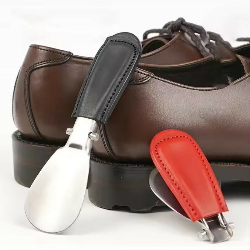 コンパクト折りたたみ式ステンレス製シューホーン、レザーケース付き - 携帯用、耐久性に優れたメンズ＆ウィメンズハイヒール用.