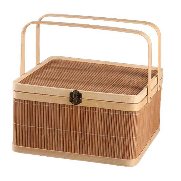 竹かご ギフト包装かご 食品茶月餅用竹編みかご 正方形 28x28x15cm