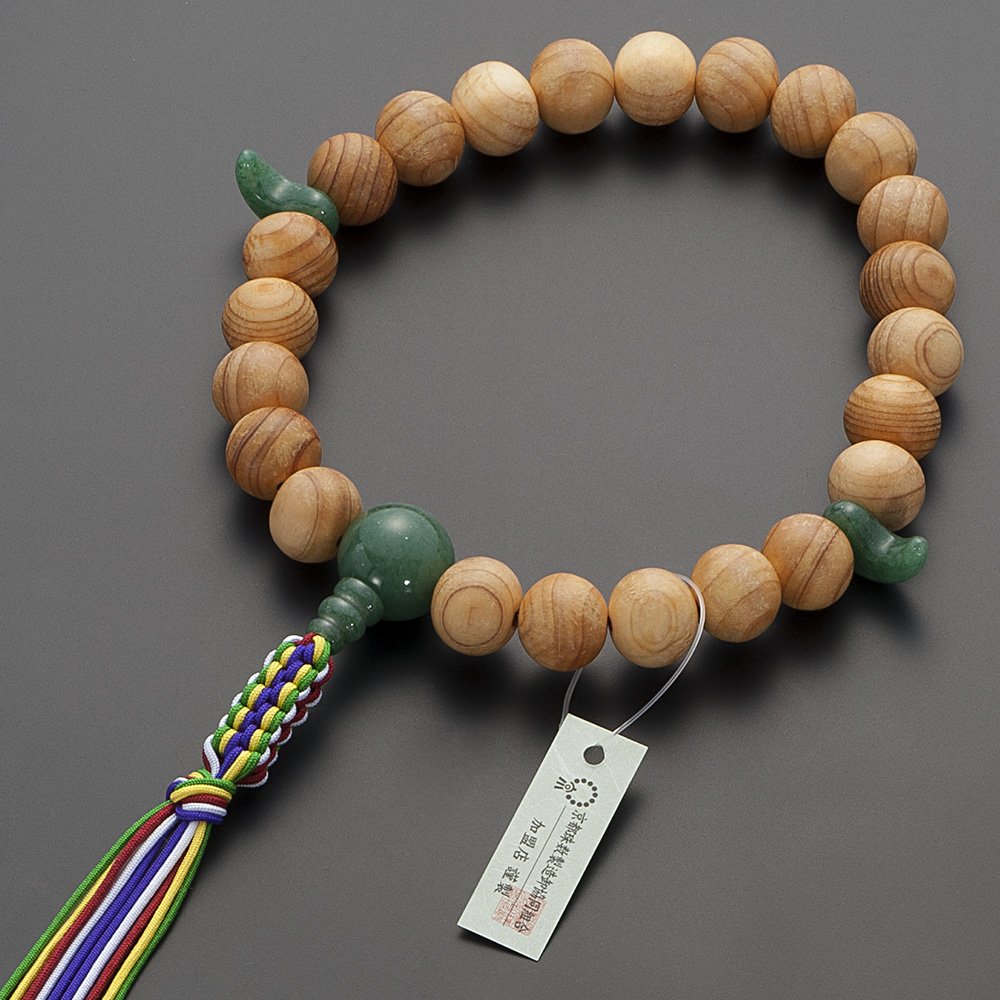 仏壇屋 滝田商店 神道用数珠 【男性用】 桧(ひのき) インドヒスイ仕立 2天勾玉 23玉 正絹紐房 数珠袋付..