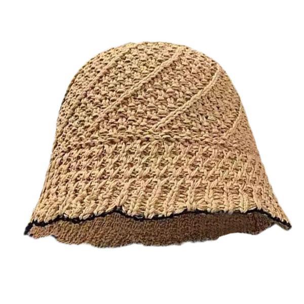 女性用手編みバケットハットファッション麦わら帽子ビーチ旅行パーティー旅行用カーキ
