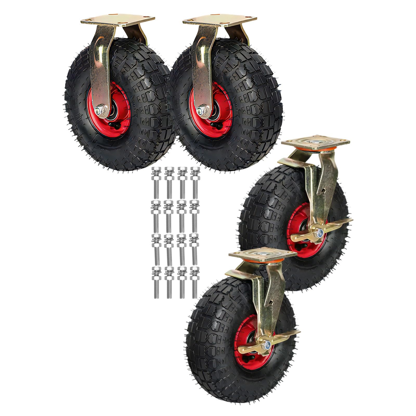 200/250MM 旋回ゴムキャスター、汎用キャスター 固定 耐摩耗性 衝撃吸収性 ゴム車輪 360度回転 静音 傷つけにくい、4個セット 産業用キャスター ホイール 取り付けが簡単 空気車輪 高耐久性 ボールベアリング入、ブレーキスイベル キャスター エアタイヤ