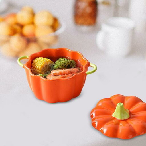 カボチャセラミックスープボウル磁器カボチャの形のボウルキッチン用ハロウィン 2 色蓋付き カボチャセラミックスープボウル磁器カボチャの形のボウルキッチン用ハロウィン 2 色蓋付き