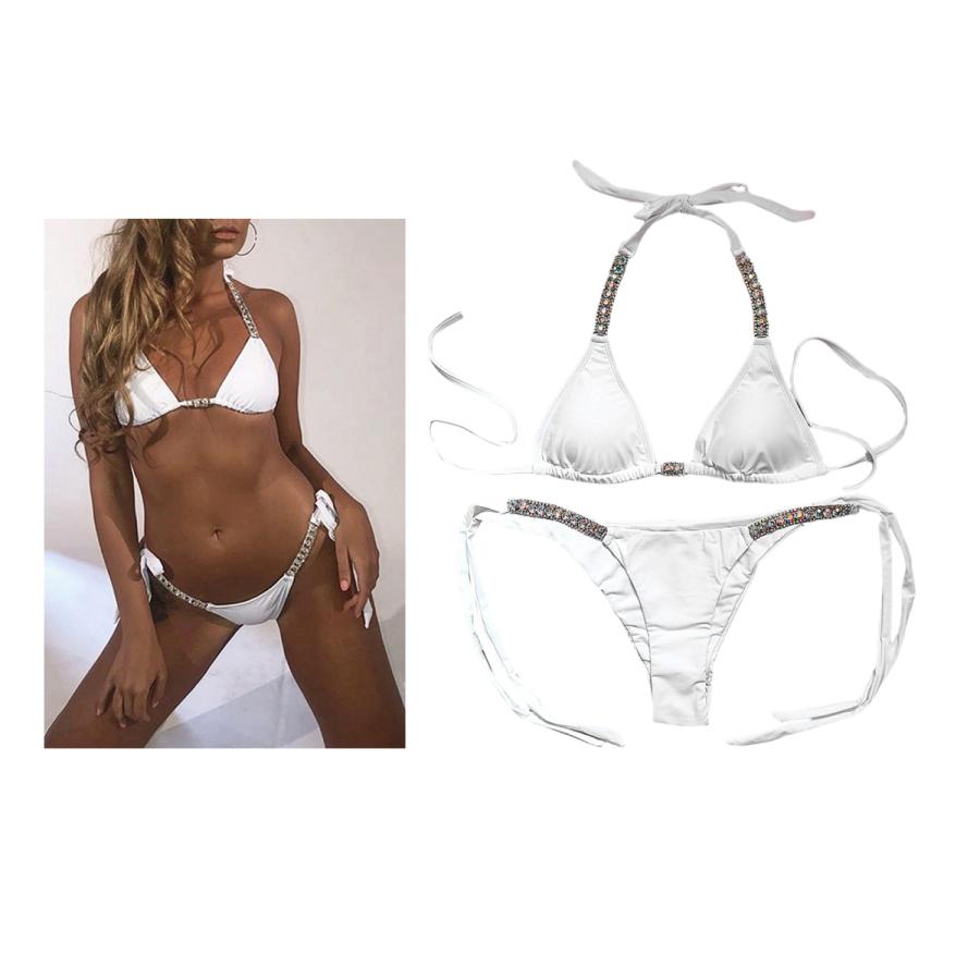 女性の2ピース三角ビキニセット自己タイストラップクリスタル水着ストラップ水着tバック水着女性の水泳ビ
