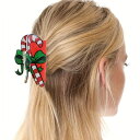 クリスマス休暇用のPVC製ヘアクローペクリップ、フェスティブなカートゥーンボウデザイン - エレガントでかわいい長方形のシャーククリップヘアアクセサリー、ティーンと大人向け、ミックスカラープリントのシングルピース