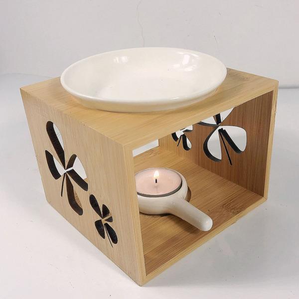 セラミックボウルの装飾が施された木製ティーライトホルダーオイル炉4枚の葉のパターン