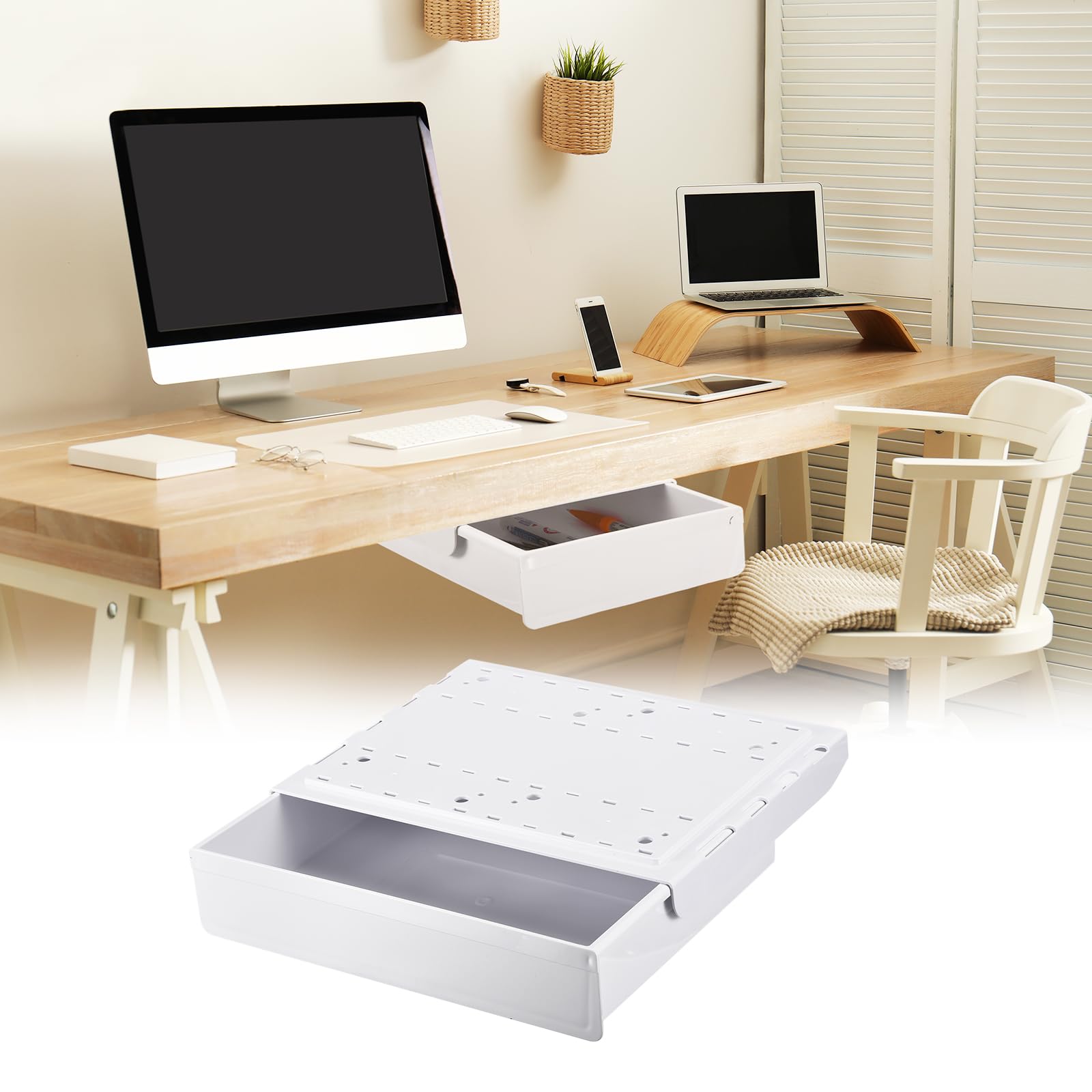 T デスク下引き出し 1個 - プラスチック製の自己粘着式デスク下収納オーガナイザー 事務所や家庭用の引き出し収納（ホワイト 335x250mm）