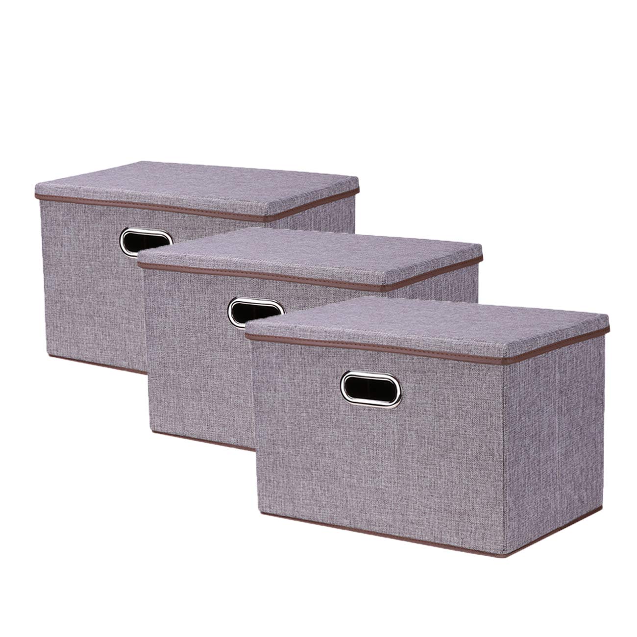 折り畳み 収納ボックス <3個セット＞ ふた付き おしゃれ 整理箱 収納ケース 大容量収納 大型無臭綿麻蓋付き収納ボックス 衣類収納 小物収納 おもちゃ収納 リビング 玄関 寝室適用(グレー, 44×30×30cm)