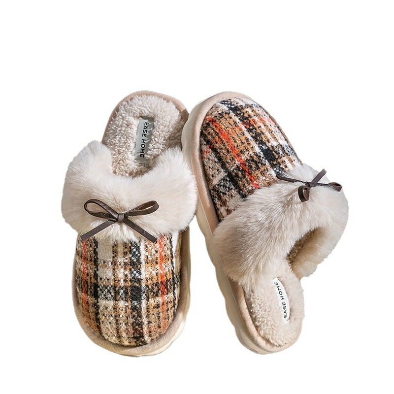 2024新型レジャー冬快適保温毛羽スリッパ蝶ネクタイカップル男女ネット赤パイル綿スリッパ