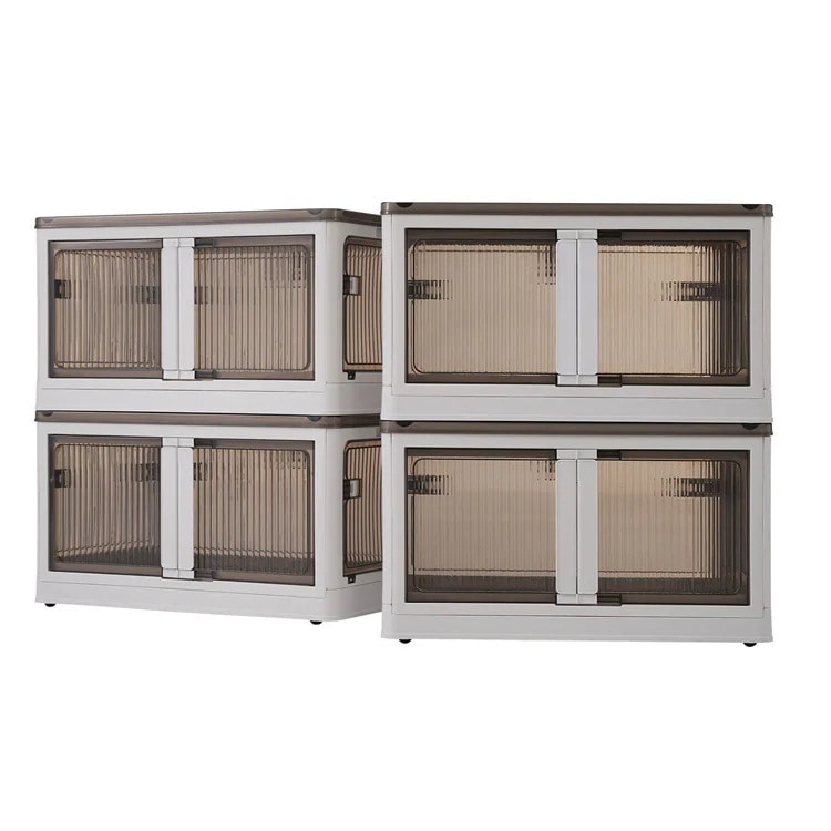 収納ボックス 収納ケース 折りたたみ 4個セット （クリア+ホワイト） 5面開き 積み重ね 蓋付き 扉付き 組み立て簡単 省スペース キャスター付き おしゃれ 強い耐荷重 大容量 家庭用 車用