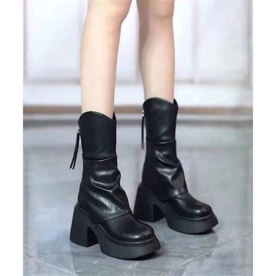 厚底ショートブーツ 太ヒール 韓国秋冬靴(4)