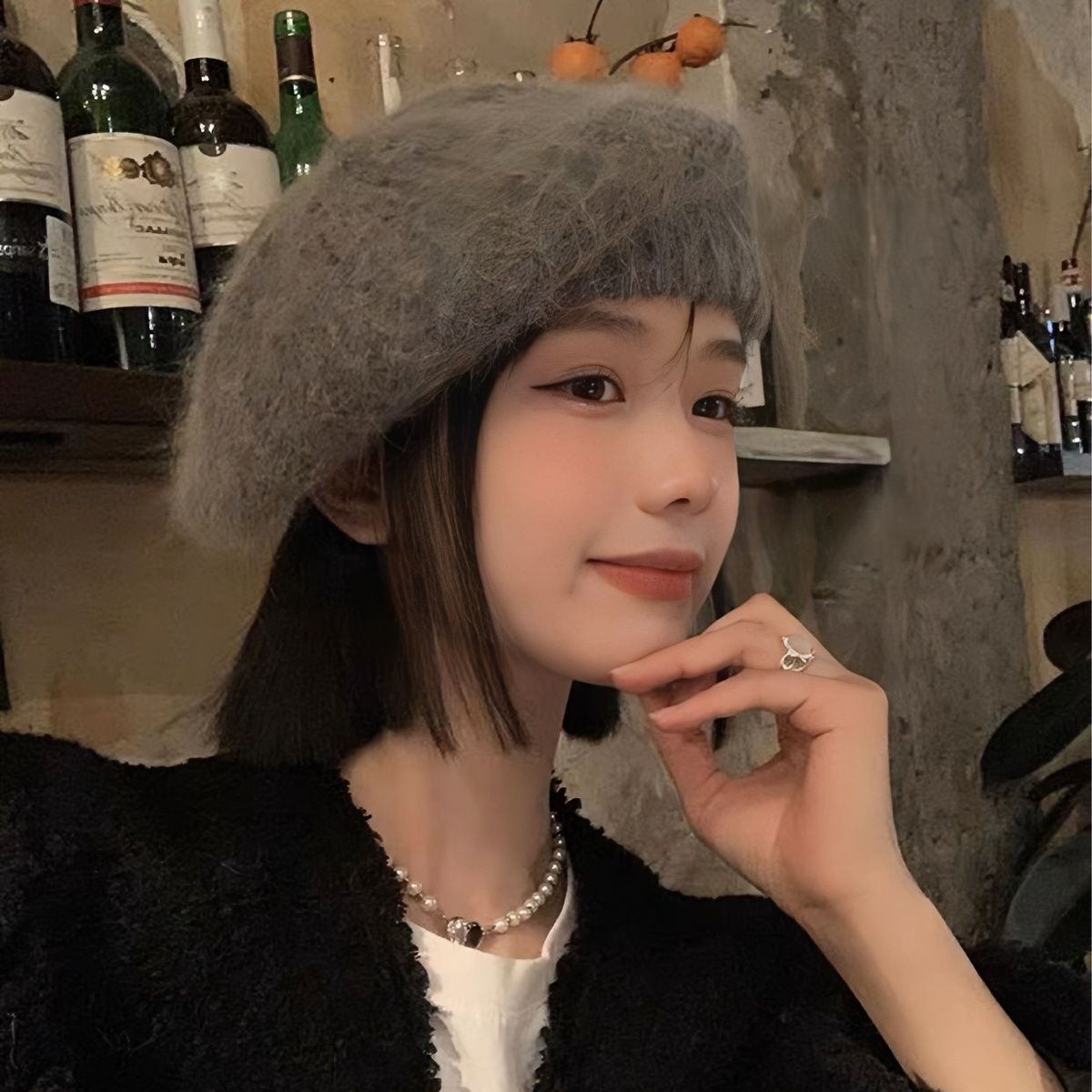 ニット帽 韓系けだるい風の秋冬ニットウサギ毛ベレー帽レトロな頭周りに顔が小さく見える減齢画家帽