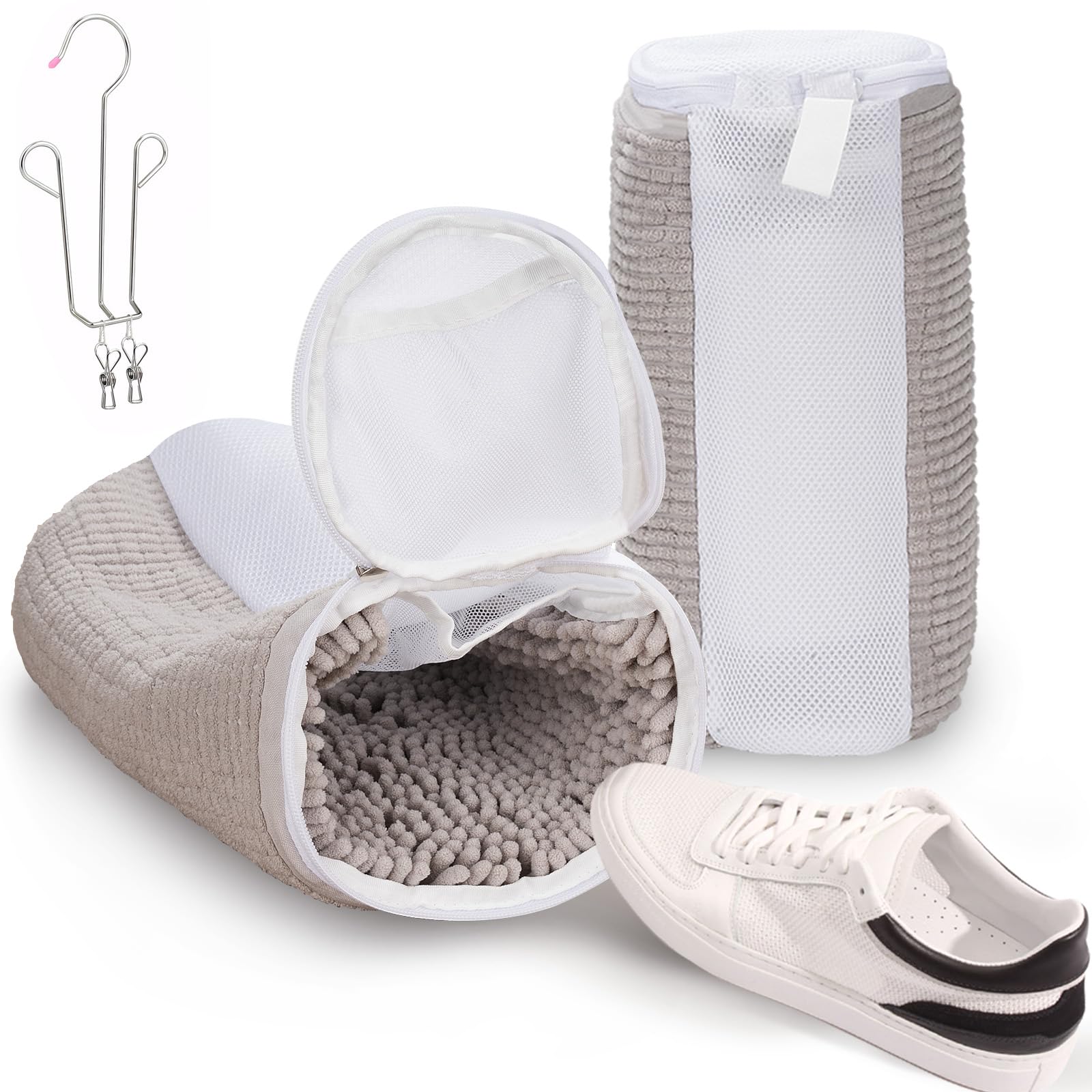 靴 洗濯ネット 靴用洗濯ネット スニーカー 上履き シューズ洗濯ネット シューズ丸洗い ドラム式 乾燥機に対応 マイクロファイバー やさしい 耐久性 靴ハンガー付き 3点セット