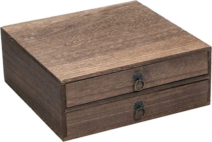 ビンテージ風木箱 収納 二段引出 小物入 ブラウン