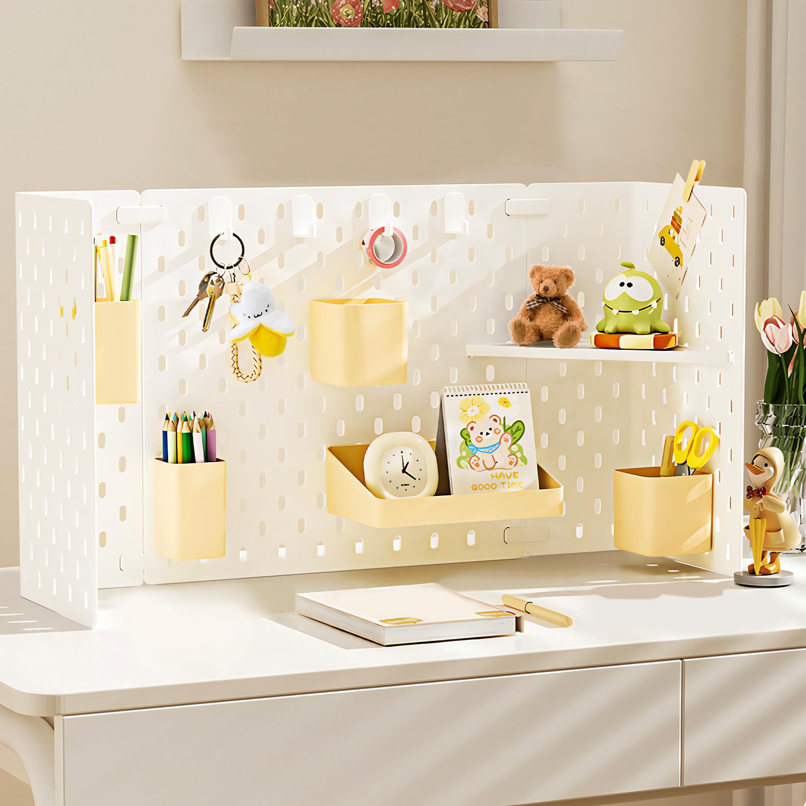 ペグボード 卓上 パンチングボード デスク 有孔ボード 棚 自立可能 穴あきボード 専用パーツ ミニコンテナ・収納ケース・フック付き 幅調整可能 机の上 文房具・小物入れ・キッチン台所収納 見せる収納 ホワイト(1個セット)