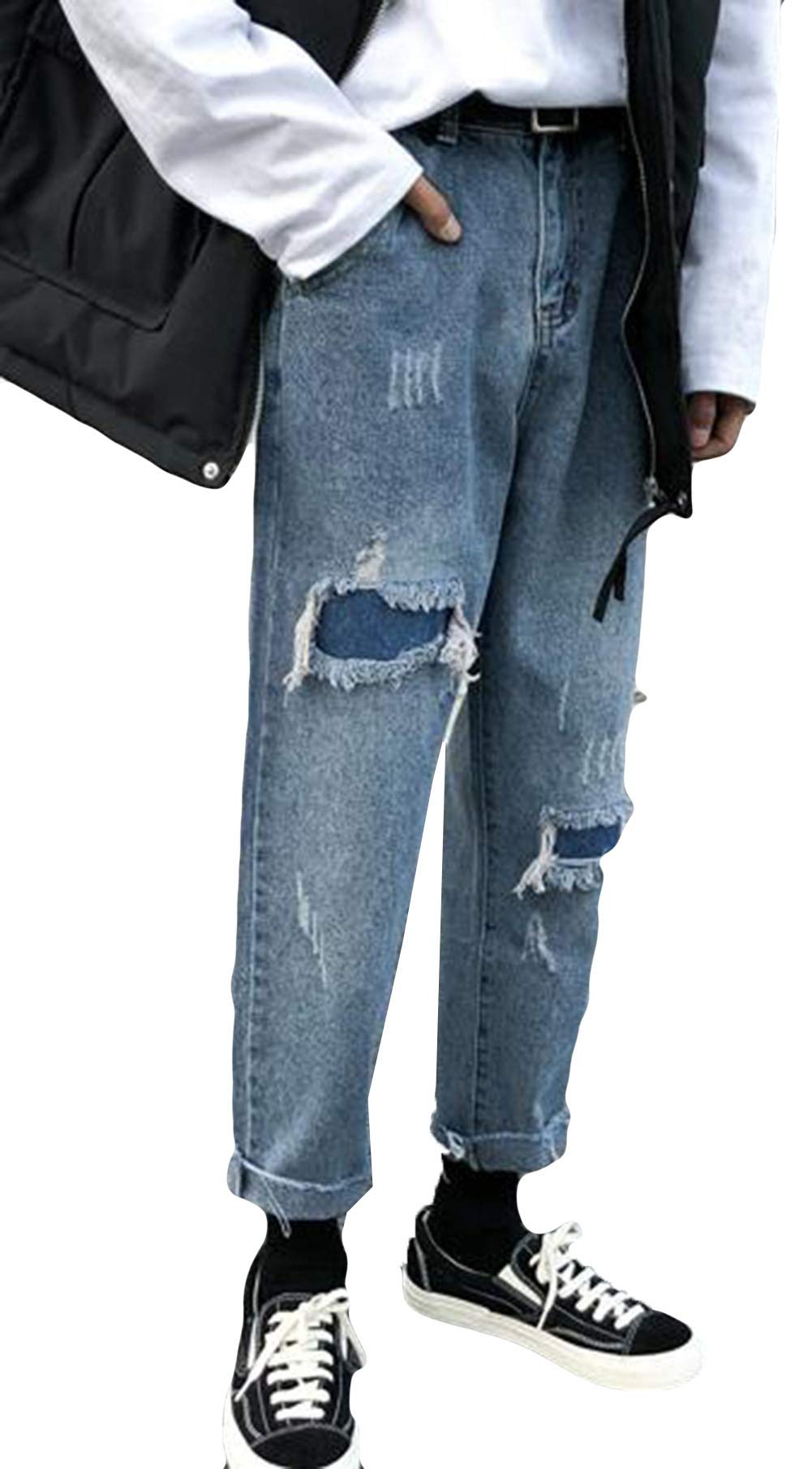 メンズ ズボン デニムパンツ ロングパンツ 9分丈 ゆったり ダメージ加工 韓国風 着痩せ 学生 通学 通勤 おしゃれ 厚手 秋服 冬服 カジュアル ファション