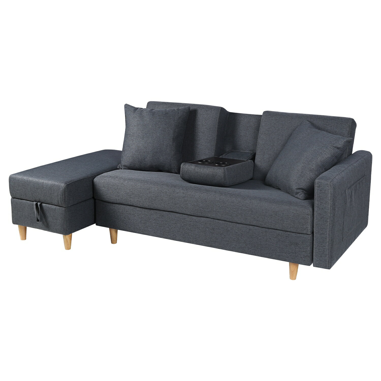 ソファソファーベッドカウチソファ3人掛けオットマン付き多機能ソファ左右側とも取り付けるアームレストたくさん収納レイアウト自由クッション2個GG4067 China Blue+GreyG4