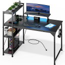 パソコンデスク 黒 幅107cm 棚付き コンセント付き ゲーミングデスク 収納 モニター台付き pcデスク オフィスデスク