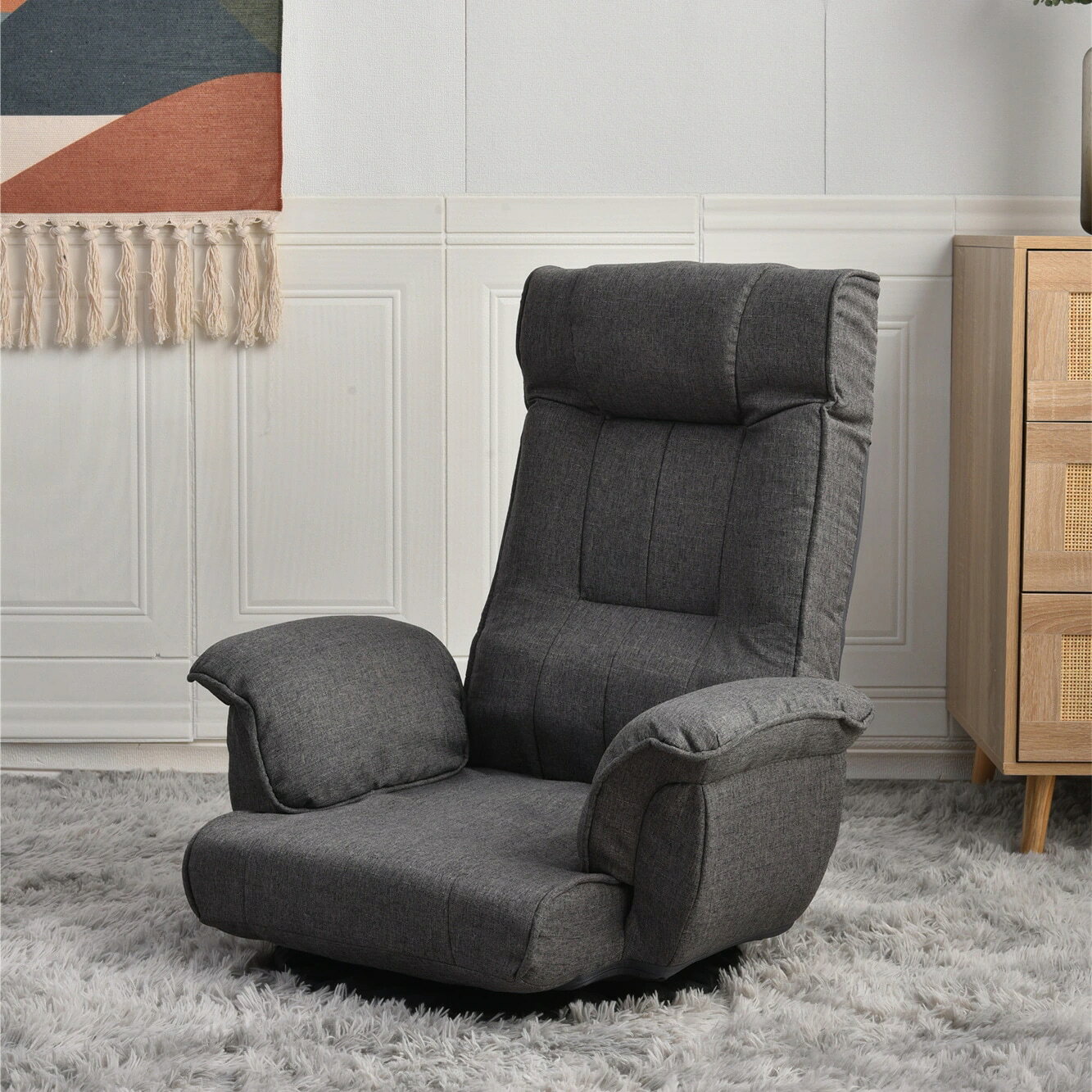 回転式座椅子 肘掛け ハイバック座いす リクライニング 1人掛けソファー フロア リラックスチェア 折りたたみ リクライニングチェアー ファブリック おしゃれ