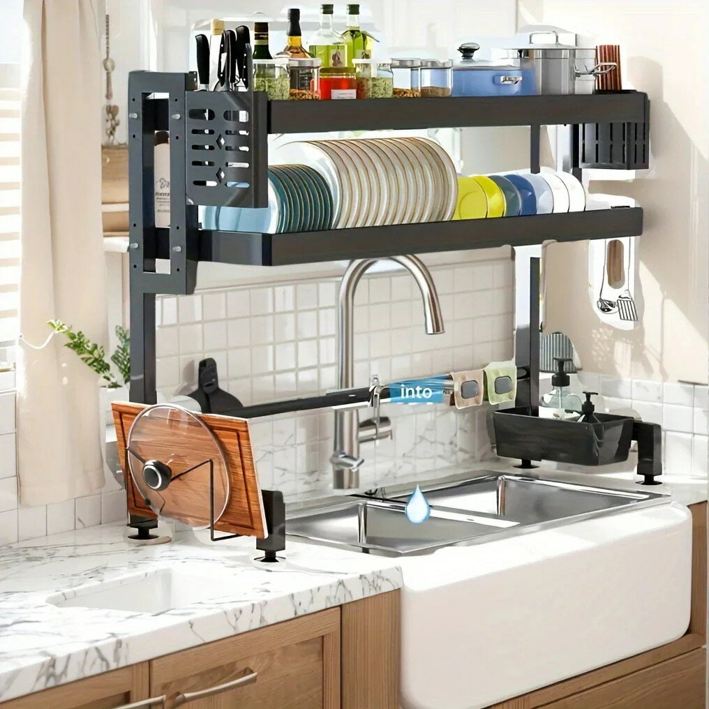 キッチンの整理と収納に便利な大容量の食器収納オーガナイザーカウンタートップに置いて使える食器用のホルダー付きの一段式食器乾燥ラックです