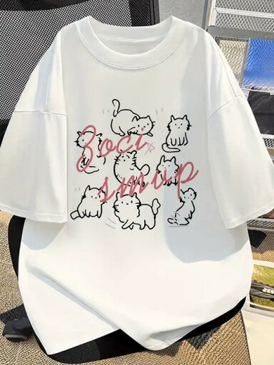 200gの白半袖Tシャツにかわいい猫のプリントとピンクの文字。ユニセックスのコットン素材で、着心地がよく、通気性があり、毛玉ができにくく、変形しにくい。 200gの白半袖Tシャツにかわいい猫のプリントとピンクの文字。ユニセックスのコットン素材で、着心地がよく、通気性があり、毛玉ができにくく、変形しにくい。