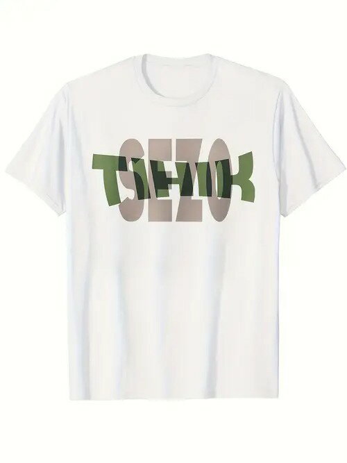 200gの白いコットンTシャツは、前面にグリーンとライトブラウンの「SEZOK」という文字がプリントされています。立体感と重ね感があります。モダンでシンプルなデザインです。