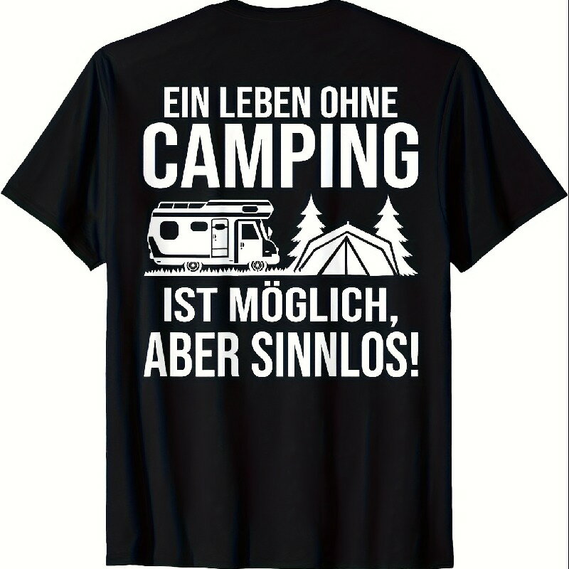 200gメンズ ブラック キャンプ グラフィックTシャツ - ヴィンテージキャンピングカー＆パインツリーデ..