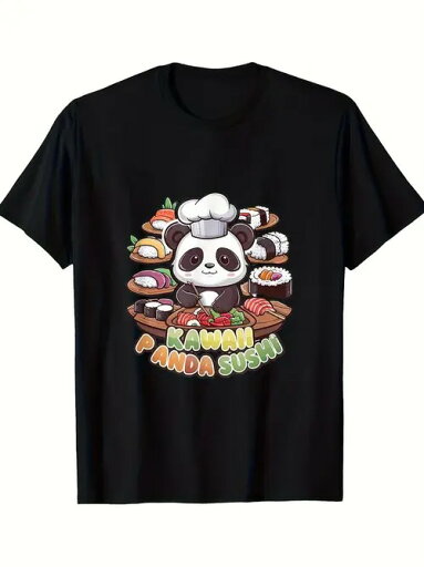 200gのブラック半袖Tシャツは、キュートでクリエイティブなスタイル。シェフの帽子をかぶった漫画のパンダがデザインの中心にあり、様々な種類の寿司に囲まれ、その下のテキストは萌えと日本の食文化の要素を組み合わせている 200gのブラック半袖Tシャツは、キュートでクリエイティブなスタイル。シェフの帽子をかぶった漫画のパンダがデザインの中心にあり、様々な種類の寿司に囲まれ、その下のテキストは萌えと日本の食文化の要素を組み合わせている
