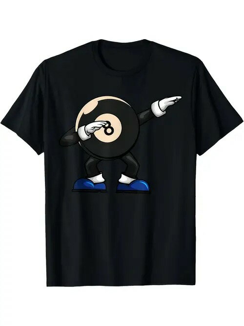 200gのブラック半袖Tシャツは、白い手袋をはめ、青い靴を履き、手を横に向けている擬人化された8ボールのフィギュアが、遊び心のあるキュートで楽しいスタイルで描かれている。着心地と通気性に優れた純綿製。