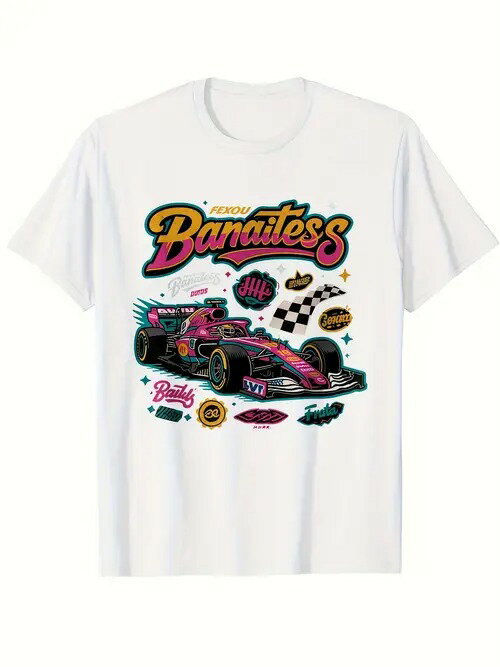 200グラムの白いTシャツ、トレンドスタイルのレタリング、パターンはピンクのレーシングカーやトレンド要素(旗、エンブレムなど)のすべての種類であり、レース文化、衣類のトレンドテーマに属しています。