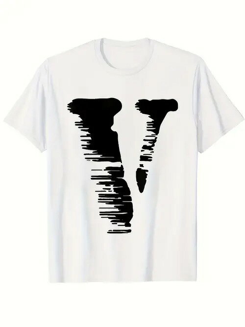 フロントにプリントされた黒い抽象的な文字「V」の縁には、溶けるような、あるいは流れるような不規則なラインが描かれている。 シンプルでアーティスティックなデザイン。