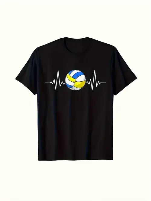 黒の半袖の前面にカラフルなバレーボールのグラフィックがプリントされた200gのコットン製Tシャツ。バレーボールは青、黄、白で構成され、その上に白いECGラインがスポーツのダイナミズムを象徴している。