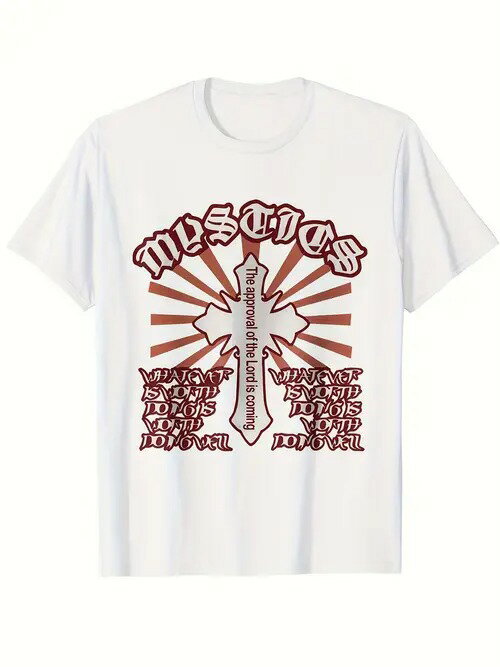 宗教と強さの要素を持つ200グラムの白Tシャツ Tシャツ、パターンは十字架と放射状の線であり、スタイルはフィットネス、宗教を組み合わせ、強さと信仰の融合の態度を伝える。コットン製で着心地がよく、通気性も抜群。