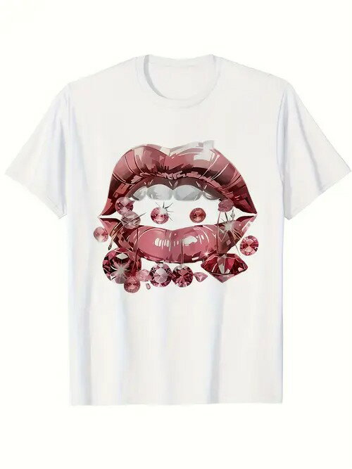 白い半袖のフロントに赤とシルバーのプリントが施された200gのコットンTシャツ。 グラフィックは女性の唇で、唇の周りにはたくさんの赤い宝石が散りばめられている。