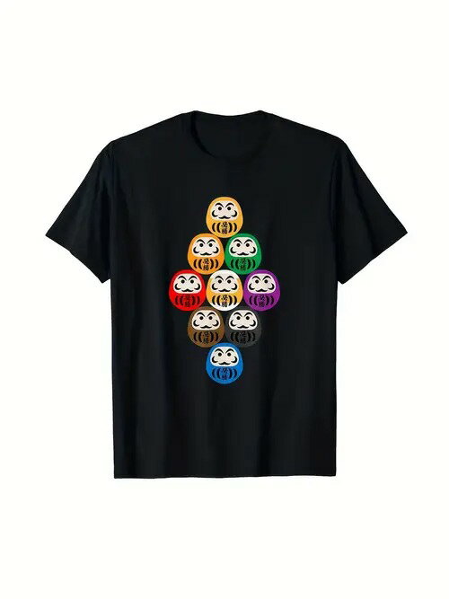 200gのコットン製半袖Tシャツ（ブラック）で、前面にはカラフルなダルマ不敗グッズがプリントされてい..