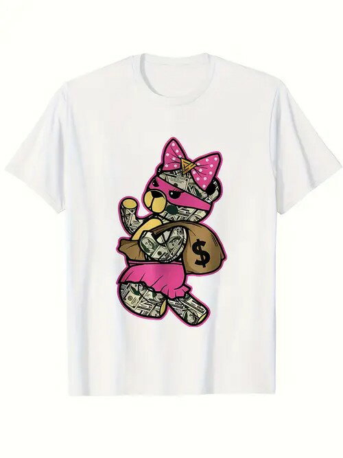 200gのコットンTシャツで、色は白、前面にクマの漫画がプリントされています。 クマの頭にはピンクのリ..