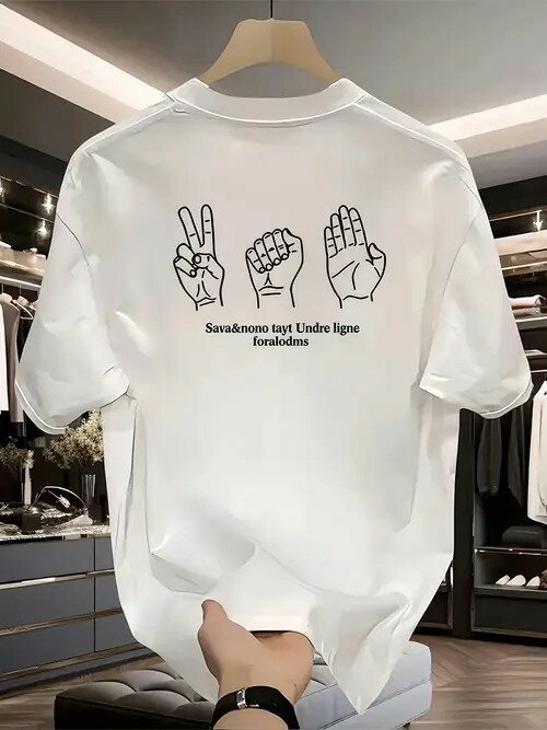 200gの白いクルーネック半袖Tシャツの背中には、ビエール、握り拳、広げた手のひらの3つのジェスチャーが描かれ、その下にはテキストが添えられている。ピュア・コットンを使用し、着心地と通気性に優れ、厚手の生地感です。(4)