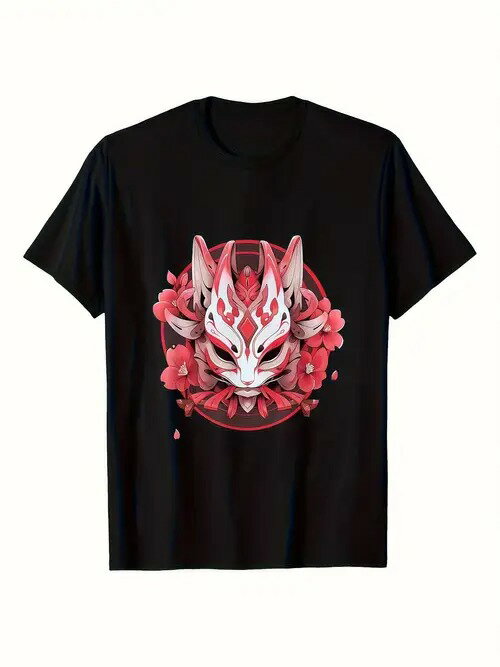 200gのブラック半袖Tシャツは、白と赤の狐の顔をピンクの花で囲んだ、非常に特徴的な狐の顔模様が特徴..