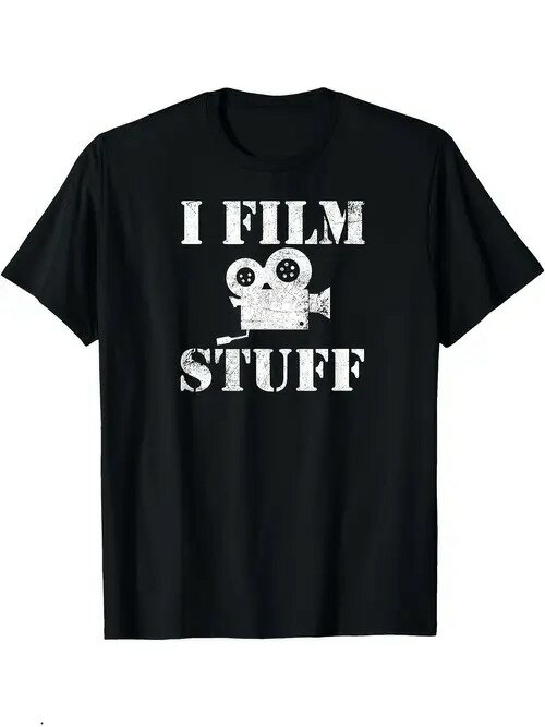 200グラムの黒いTシャツは、物理的な情報がテキストとヴィンテージフィルムカメラのパターンで印刷され..