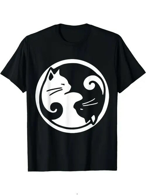 200g 猫の形をした陰陽のシンボル柄の黒Tシャツ。東洋哲学（陰陽の概念）とかわいいペット（猫）の要素を融合させ、文化融合スタイルの服のトレンドに属し、ユニークな美学と文化的シンボルを伝えている。