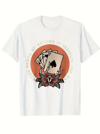 200g トレンドとポーカー文化、アートをテーマにした衣服に属するトランプと花のパターンを持つ白いTシャツは、神秘的な、レトロなスタイルのシンボルを伝え、創造的なプリントTシャツスタイルです。 200g トレンドとポーカー文化、アートをテーマにした衣服に属するトランプと花のパターンを持つ白いTシャツは、神秘的な、レトロなスタイルのシンボルを伝え、創造的なプリントTシャツスタイルです。