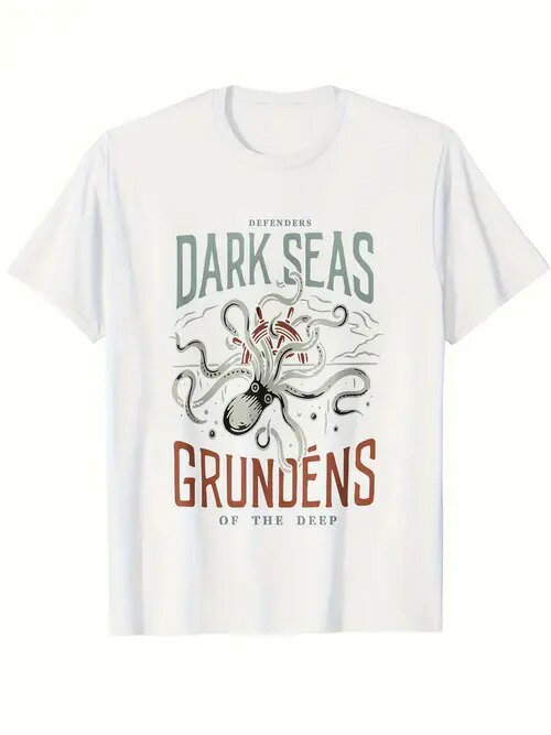 200gの白いTシャツ、柄はタコ、海洋文化（深海）に属し、服のトレンド（アウトドア/マリンスタイルブラ..