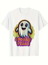 200g キュートなゴーストのイメージとテキストが入った白のTシャツ。ハロウィンをテーマにした、または楽しいトレンディなウェアで、キュートで風変わりなスタイルで、お祭りや普段着に適しており、あなたの個性をアピールします。