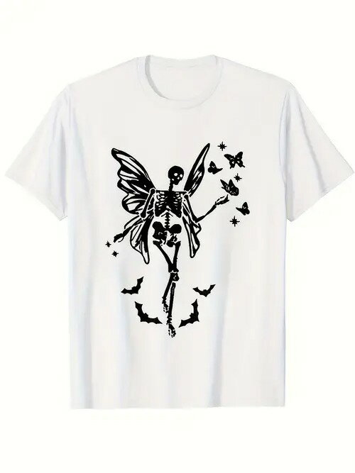 200グラムのトレンディなTシャツは、パターンが蝶、コウモリ、星の要素で、翼を持つスケルトンの妖精であり、スタイルはゴシック、ファンタジーに偏っている、摩耗の個性に合う、デイリーカジュアル、純綿快適な通気性