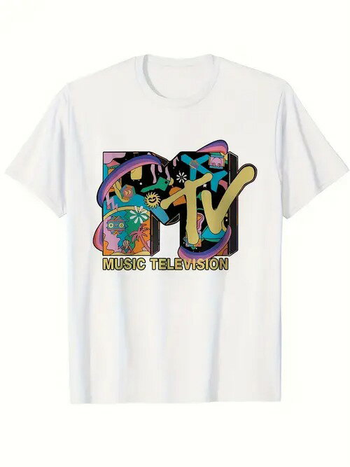 フロントにカラフルな「MTV」ロゴを配し、その周りを花、星、虹など様々な抽象的パターンと色で囲み、その下にイエローのテキストを配した200gのコットン製Tシャツ。