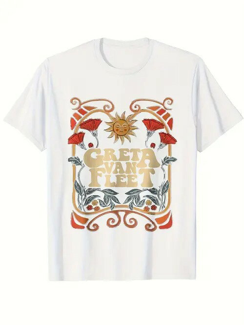 ヴィンテージ風のグラフィックとテキストをフロントにあしらった200gコットンTシャツ。 中央にはゴールドの大文字が配され、その周りを赤い花、太陽、蔓の装飾が取り囲み、全体的にヴィンテージでアーティスティックなスタイルを表現しています。