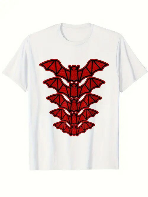 フロントに5匹の赤いコウモリがプリントされた200gのコットン製Tシャツで、コウモリは縦列に配置され、..