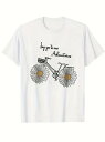 コットン200gのこのTシャツは、フロントにブラックのテキスト、そして自転車のミニマルなライン・グラフィックが特徴で、2つの車輪の下には2つの大きなデイジーがあしらわれ、全体的にフレッシュで冒険的なスタイルとなっている。